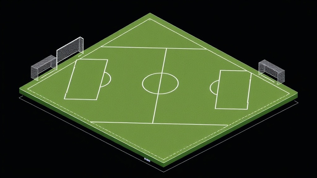 센터 서클과 중앙선, 페널티 마크의 위치와 치수가 표시된 축구 경기장 상세 도면